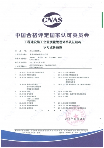 中國合格評定國家認可委員會(CNAS)認可證書附件（建筑施工行業質量管理體系）