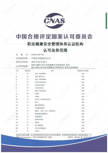中國合格評定國家認可委員會(CNAS)認可證書附件（職業健康安全管理體系-1）