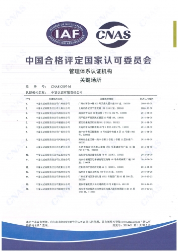 中國合格評定國家認可委員會(CNAS)認可證書附件（分支機構-1）